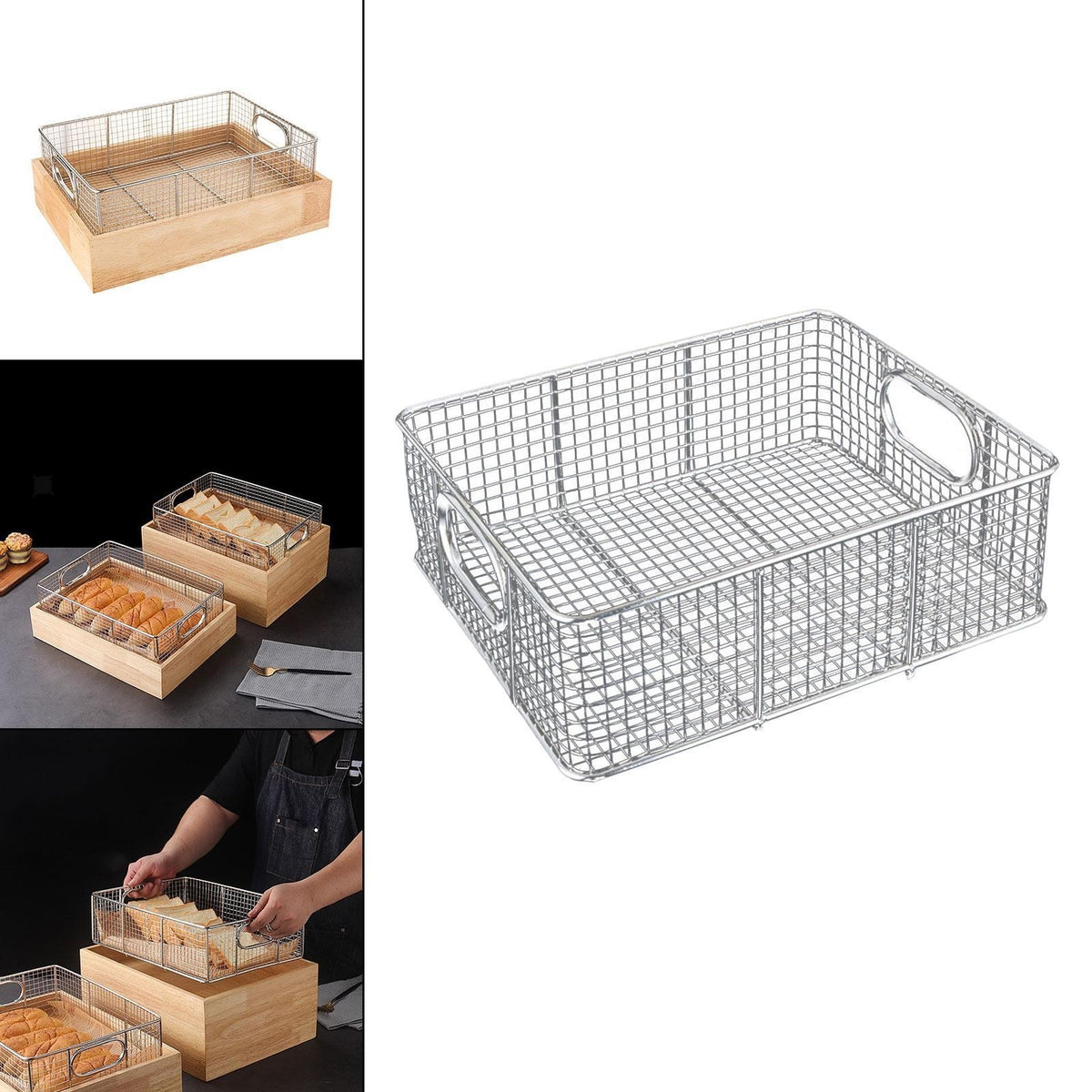 Stainless Steel Wire Food Baskets Buffet Basket Pan with Handle Baking Tool Food