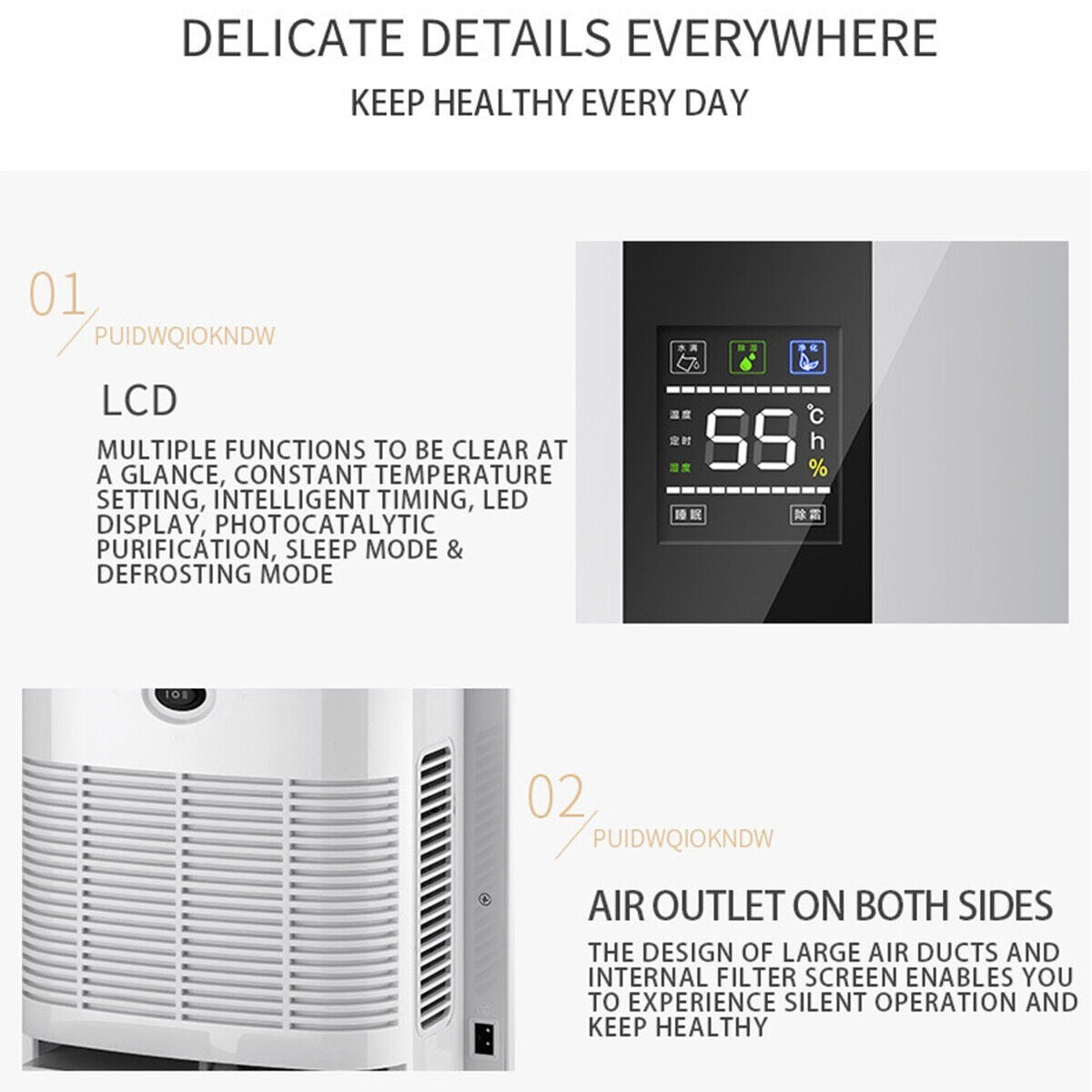 UK 2.2L Large Dehumidifier Portable Quiet Home Air Dryer for Mould Moisture Damp