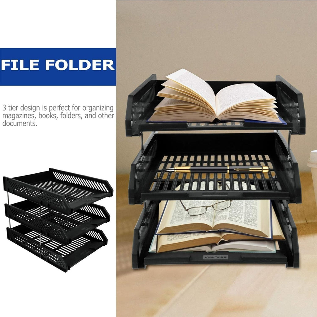 3 Tier Stackable Desk Black A4 Letter Tray Filing Document Organiser Form Paper