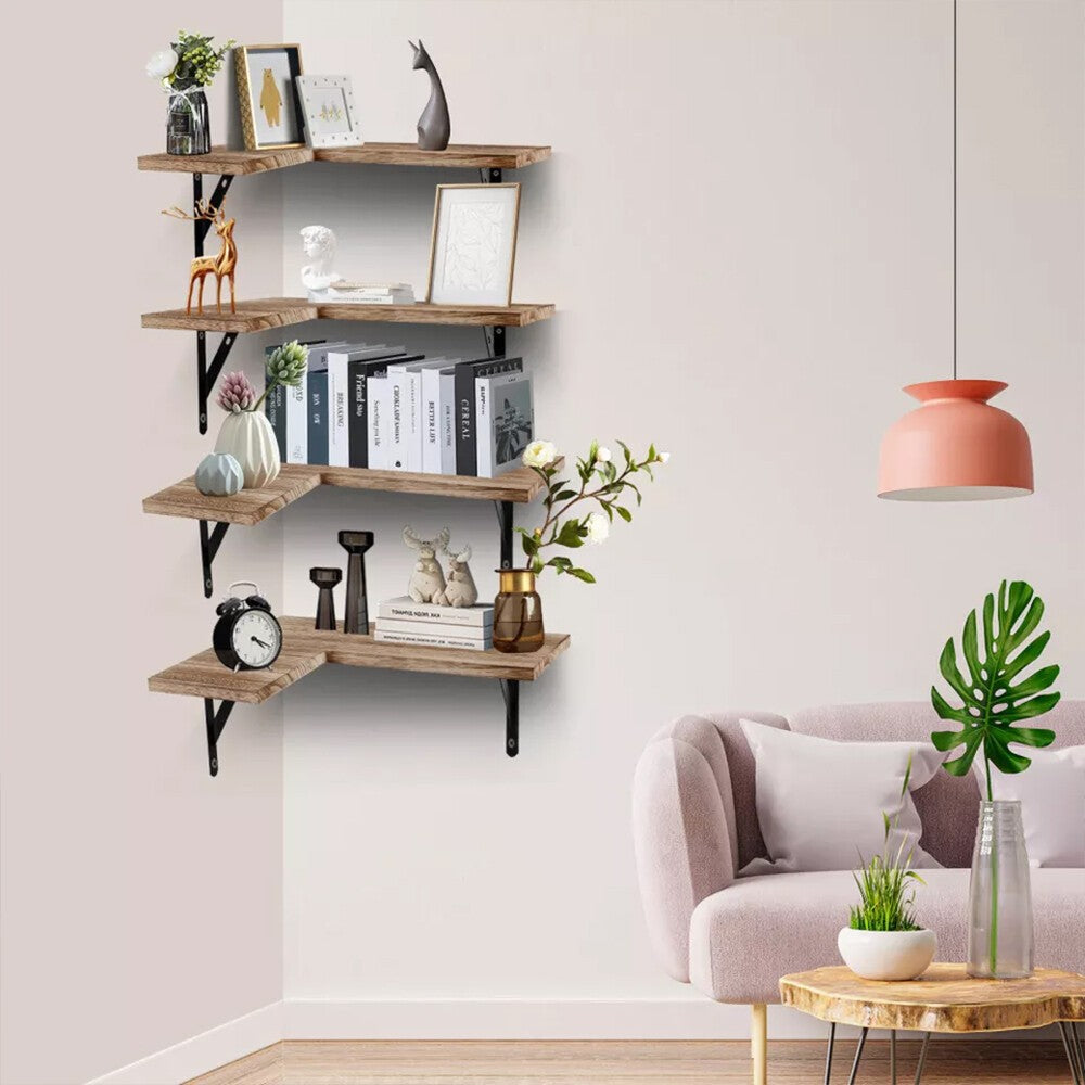 4 Piece Home Corner Floating Shelves Wall Mounted Storage Wooden Display Shelf