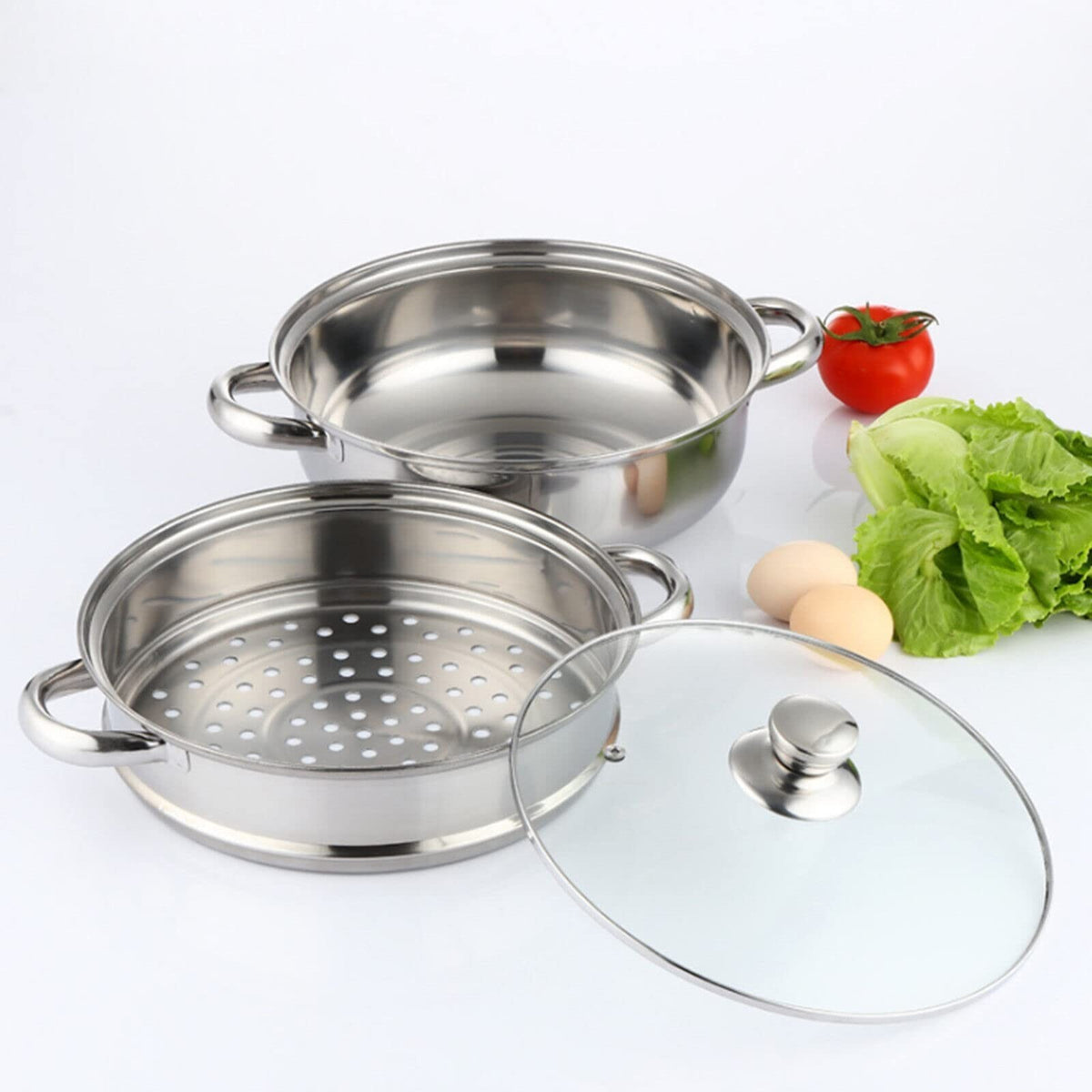 3 Tier 28CM Stainless Steel Steamer Pot Set 3PC Cookware With Glass Lids