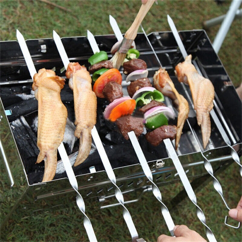 10PCS BBQ LONG Metal Kebab Grill Steel Sticks Flat Skewers Barbecue Meat