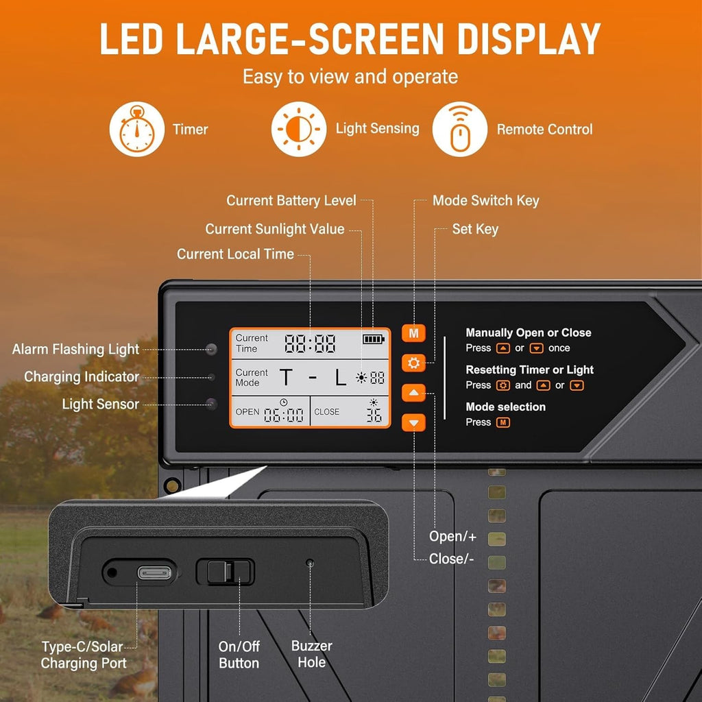 Large Electric Chicken Coop Door IP45 Waterproof Chicken Door Opener With Timer