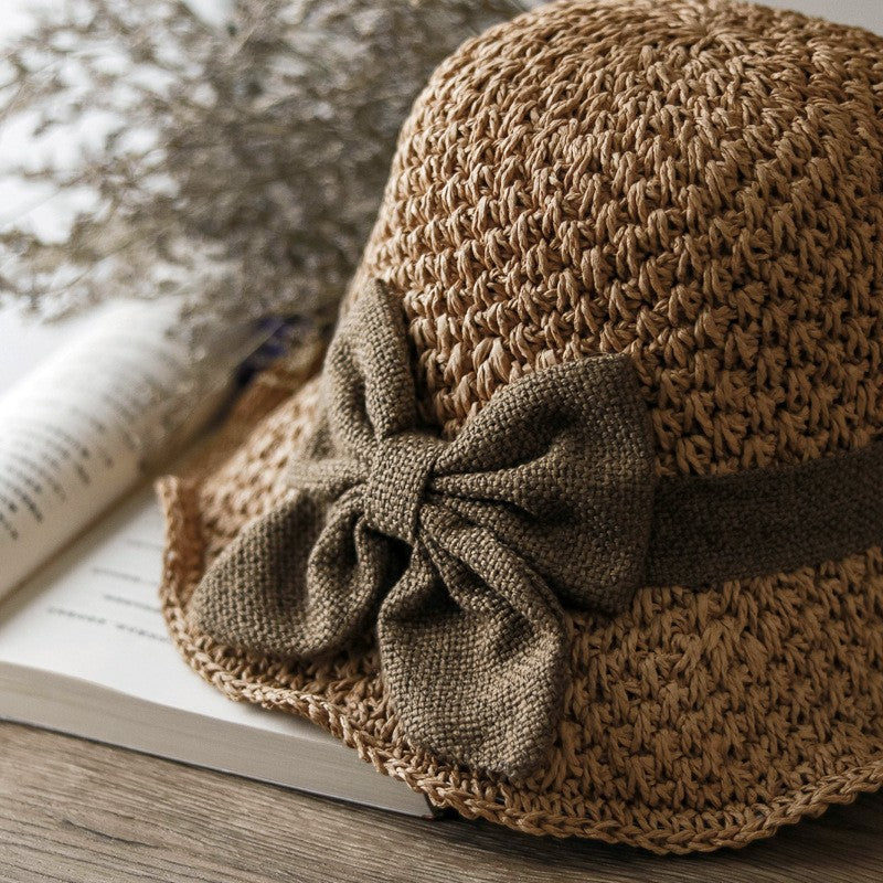 Women's Straw Bucket Hat Brim Sun Hat Crochet Floppy Beach Hat with Ruffled Bow
