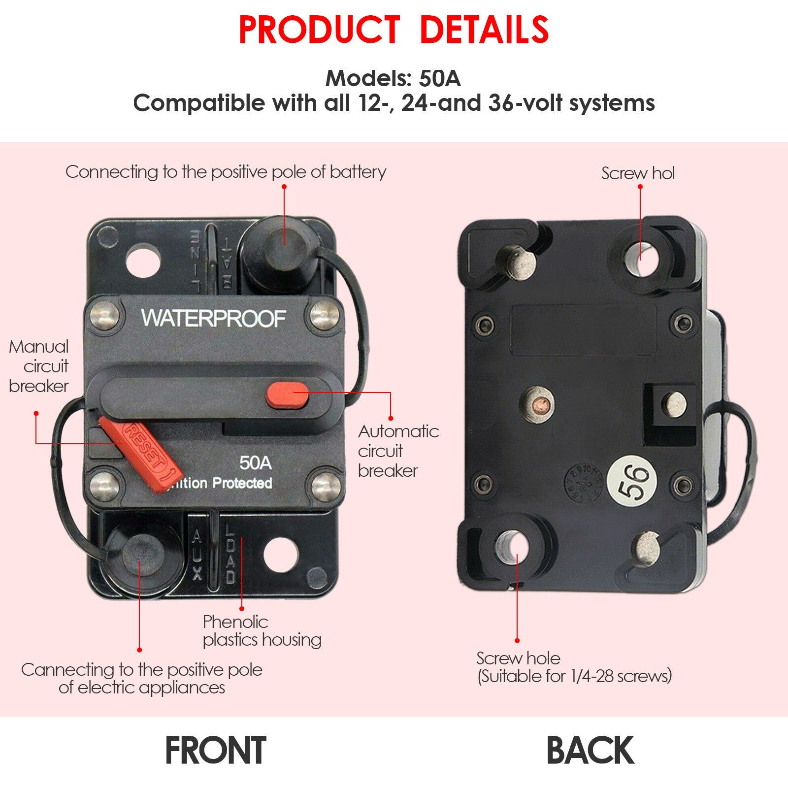 Car Auto Boat Truck RV Marine Circuit Breaker with Manual  12 Volt 50 Amp