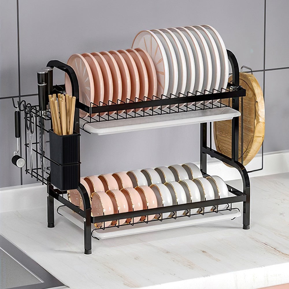 2 Tiers Large Dish Drainer Plate Rack Dryer Knives Cutlery Holder with Drip Tray