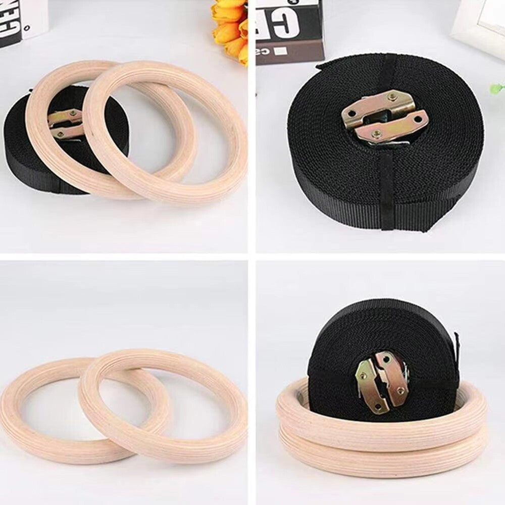 1Pair 28mm Wooden Gymnastic Ring With Adjustable Straps Home Gym Fitness Ring