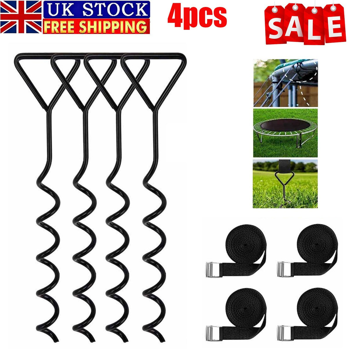 4pcs Heavy Duty Trampoline 40cm Anchor Ground Pegs Tie Down Kit Corkscrew Spira