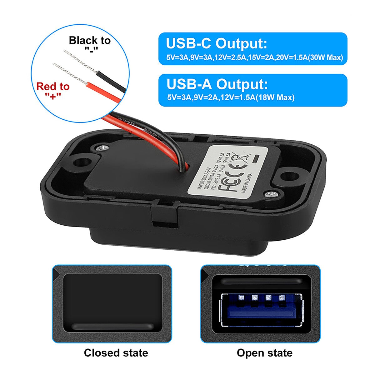 Car DC 12V-24V PD Type C USB Port Fast Charger Socket Power Outlet Panel Charger