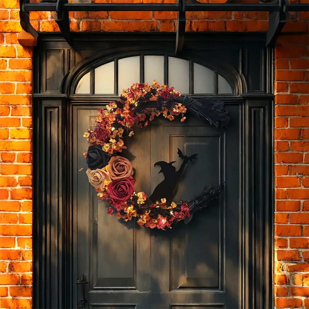 35cm Gothic Halloween Wreath - Witch Cat Moon Silhouette and Autumn Leaf Rose