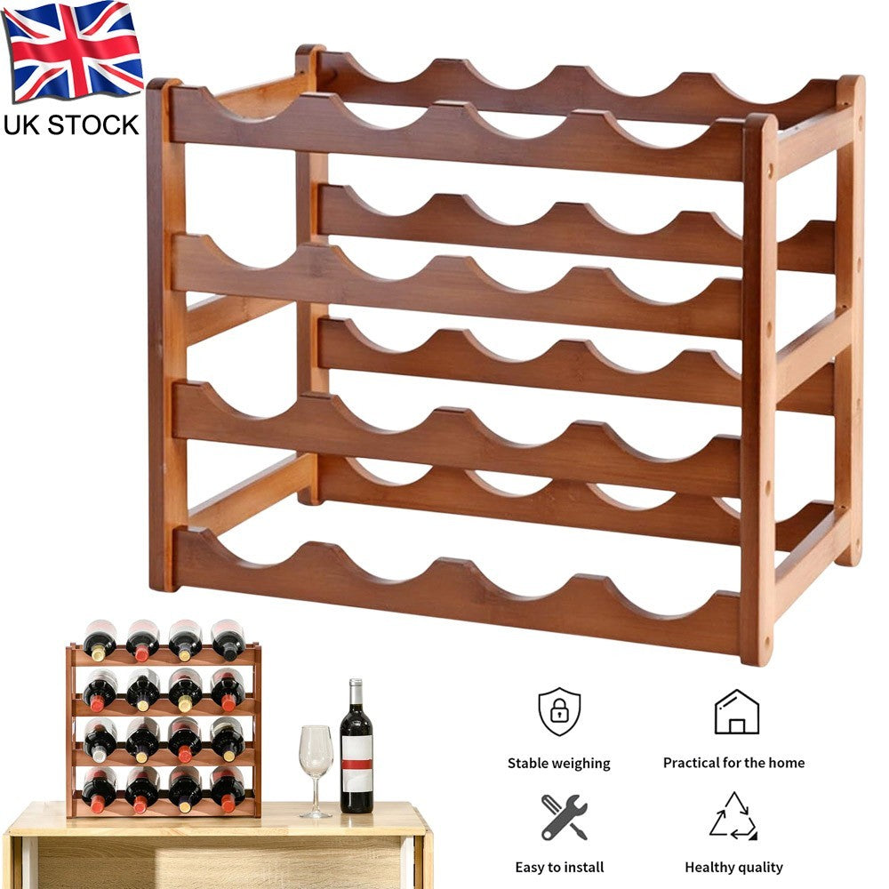 Bamboo Wine Rack 16 Bottles 4 Tier Tabletop Wine Holder Storage Display Stand UK