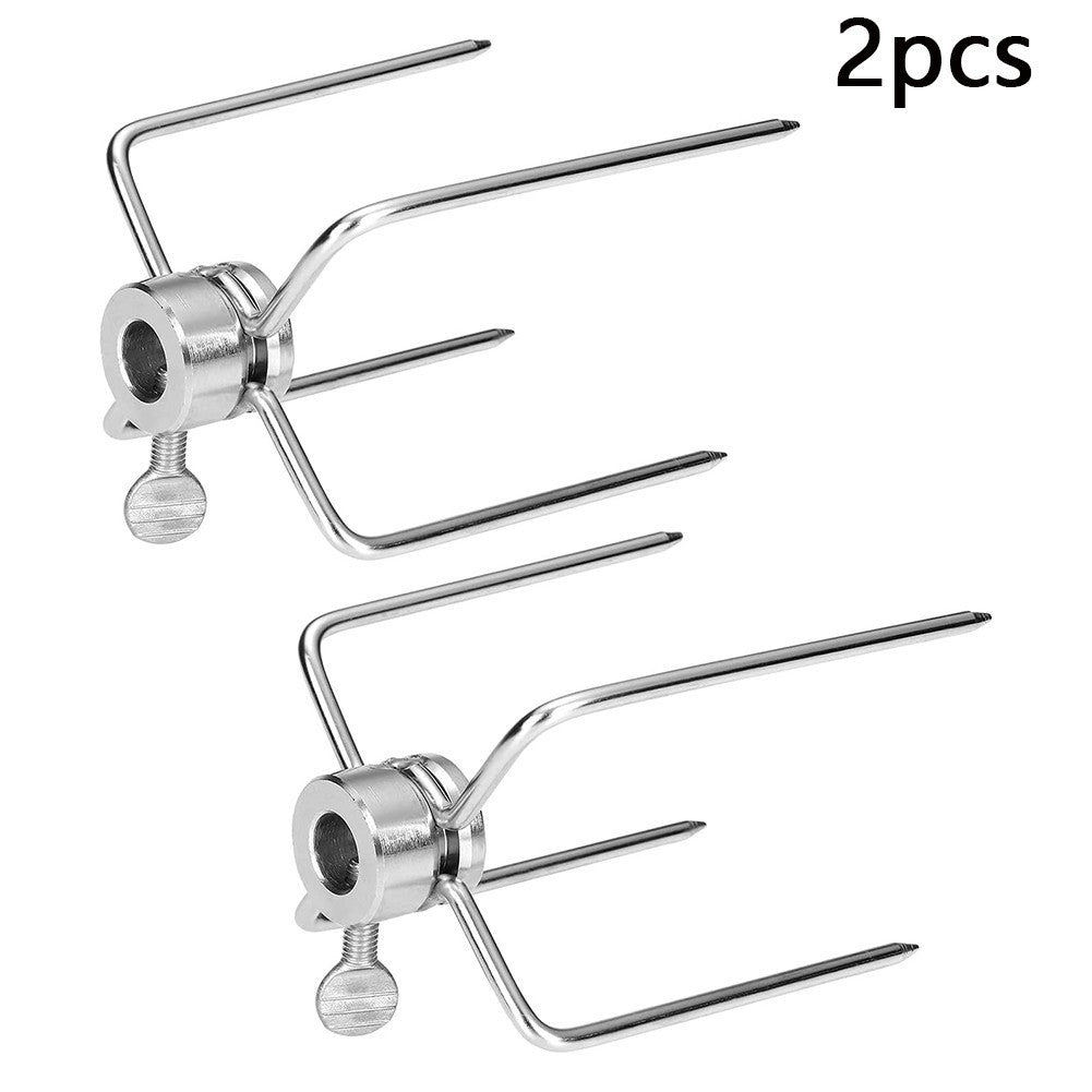 Stainless Steel BBQ Rotisserie Meat Forks Clamp with Locking Screw Set of 2