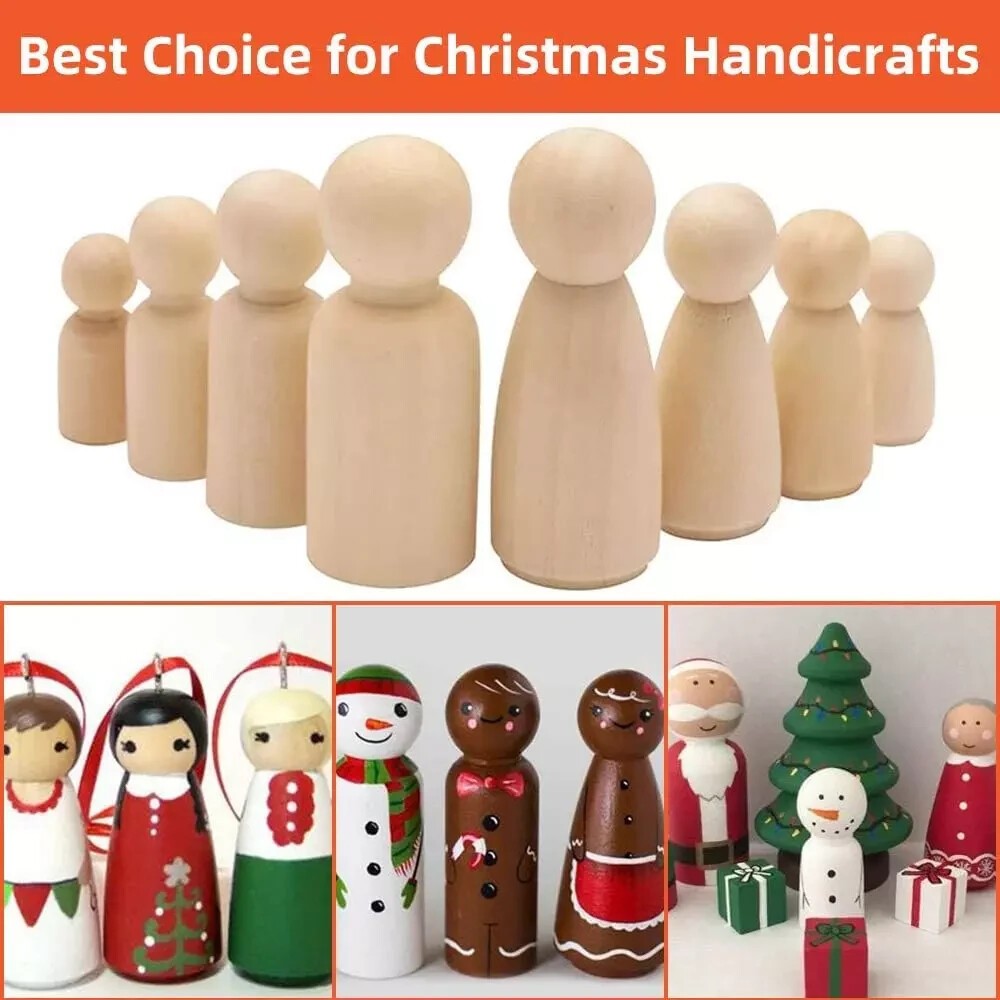 Wooden Peg Dolls Unfinished People, 50 Pcs Natural Wooden Pegs People Shape Doll