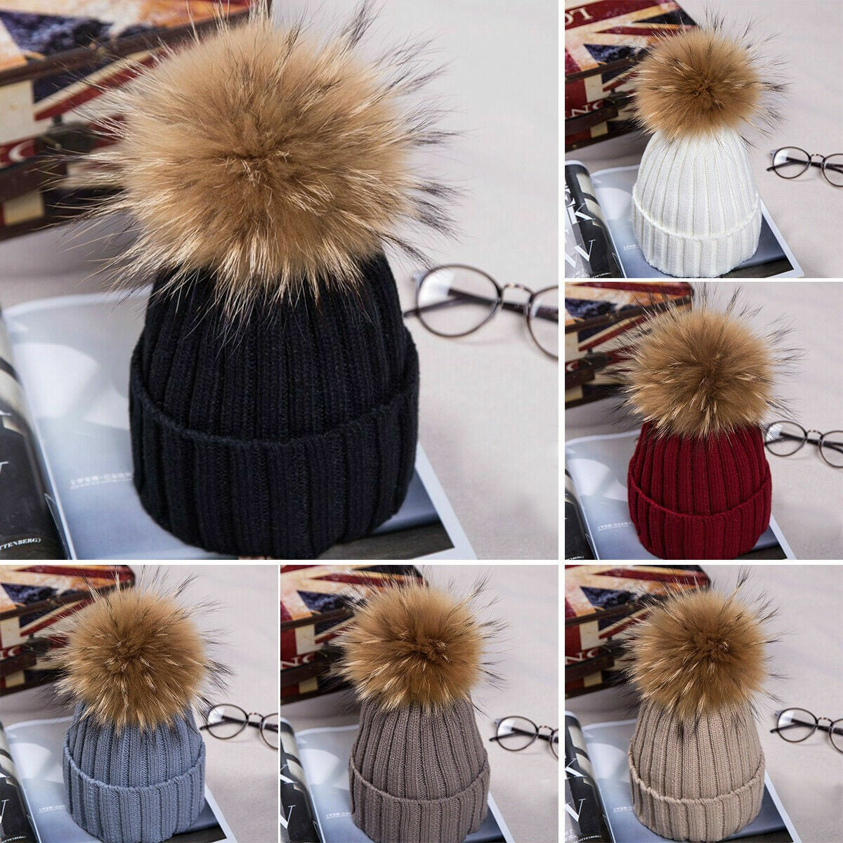 Womens Warm Winter Hat Genuine Fur Pom Pom 15cm Ball Knit Beanie Ski Caps