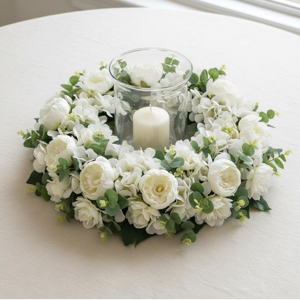 White Peony Hydrangea Wreath Indoor Outdoor Use Seasonal Summer Door Wreath.*
