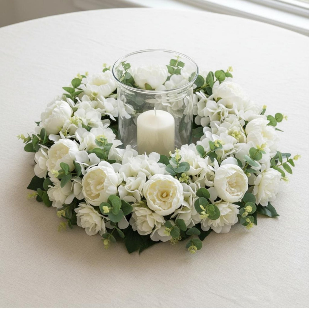 White Peony Hydrangea Wreath Indoor Outdoor Use Seasonal Summer Door Wreath.*