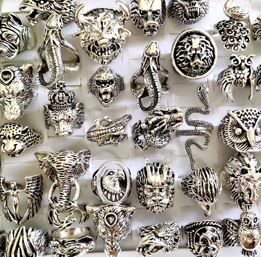 Wholesale Lot 25 Vintage Ferocious Animal Head Punk Rings Retro Jewelry For Men