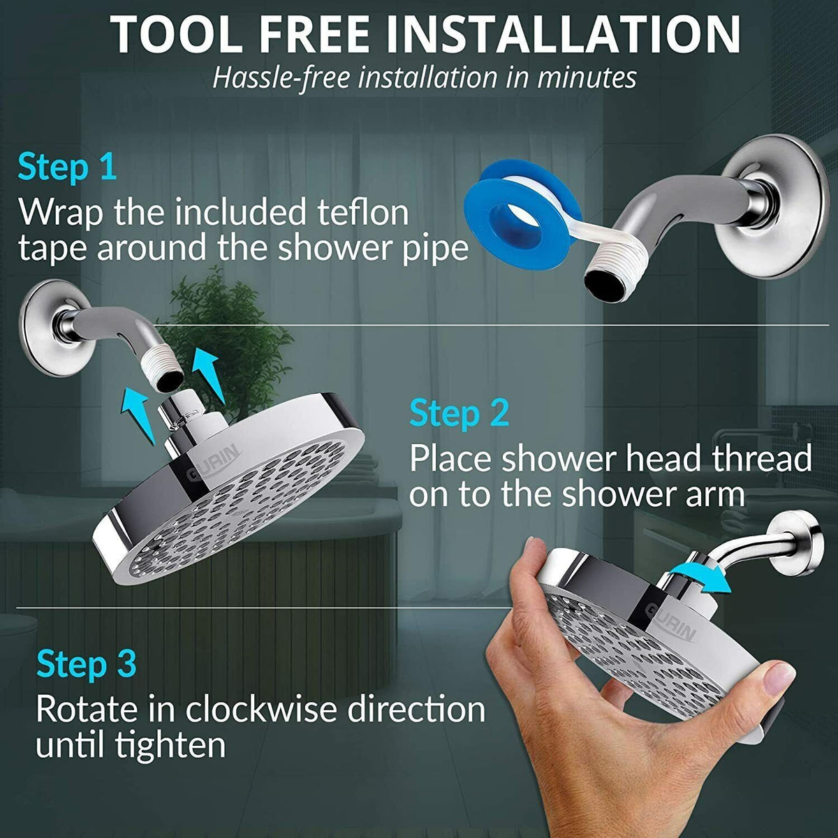 6 Inch Shower Head High Pressure Waterfall Bathroom Showerhead Adjustable Angles