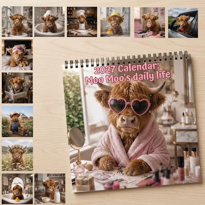 Highland Cow Calendar 2027, Watercolour Cows Monthly Planner Scottish Wall Decor