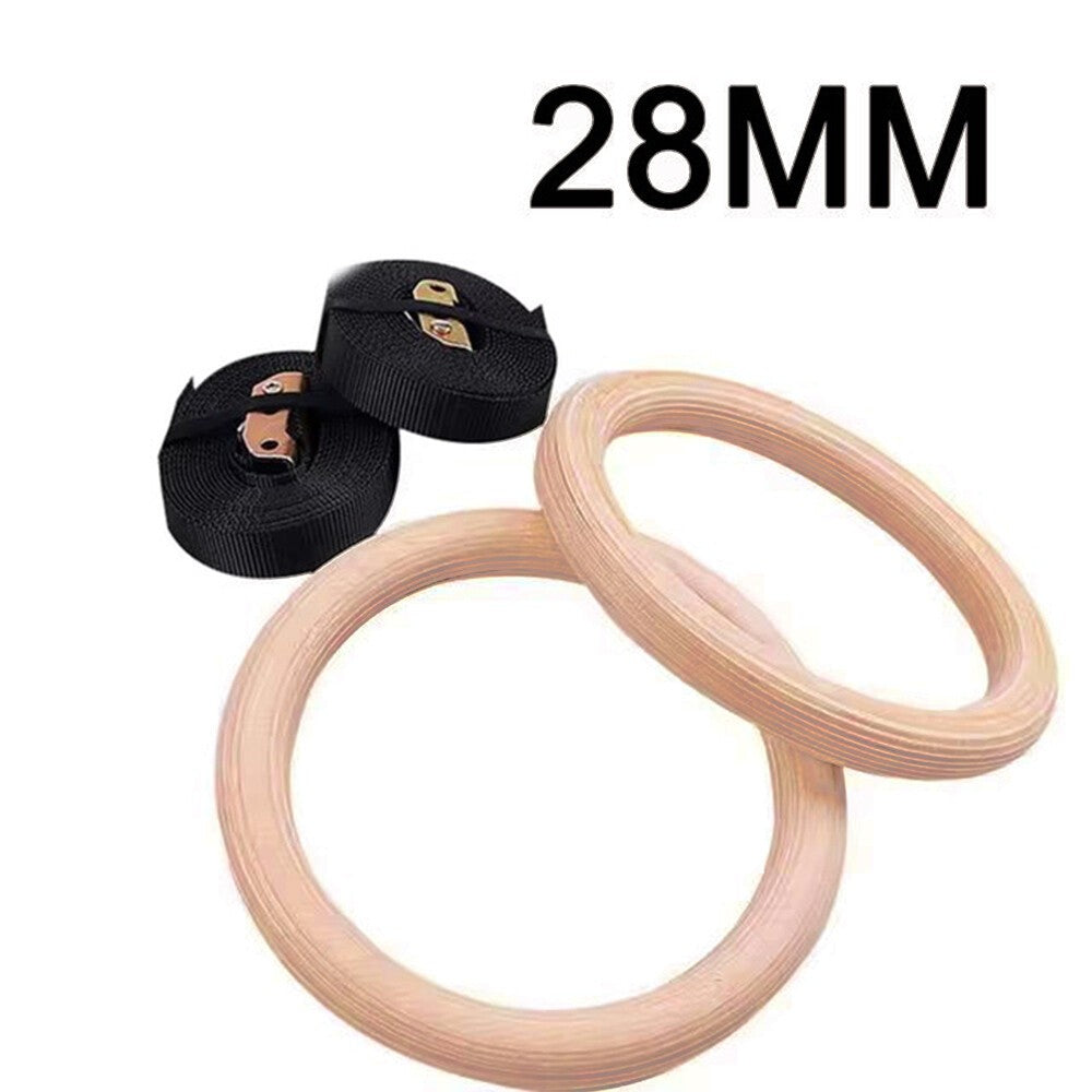 1Pair 28mm Wooden Gymnastic Ring With Adjustable Straps Home Gym Fitness Ring