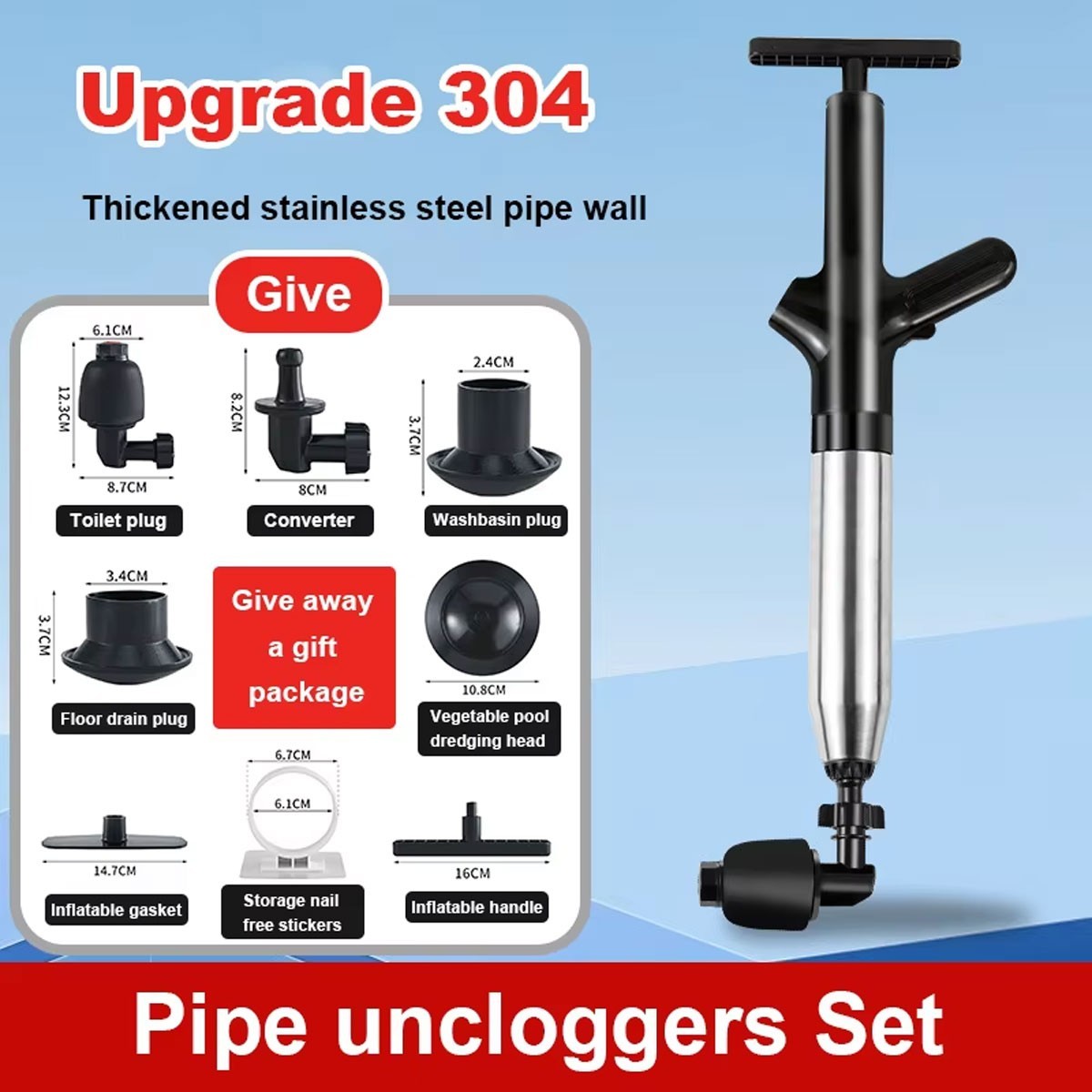 Stainless Steel Toilet Plunger Kit Drain Buster Drain Unblocker For Sink/Toilet