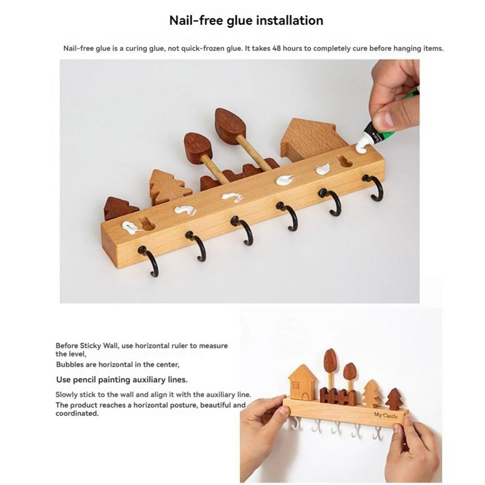 Wooden Key Holder Storage 6 Hooks Wall Mounted Metal Coat Rack Hanger Chic Style