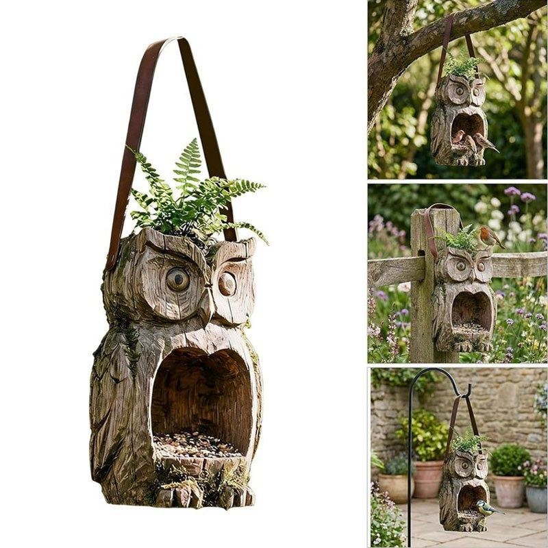 Resin Bird Feeder, Owl Shape Hanging Bird Feeder for Outside Funny Birds Feeders