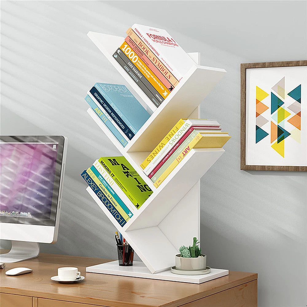 5-Tier Tree Bookshelf Bookcase Desk Book Rack Shelf Display Free Standing Wooden
