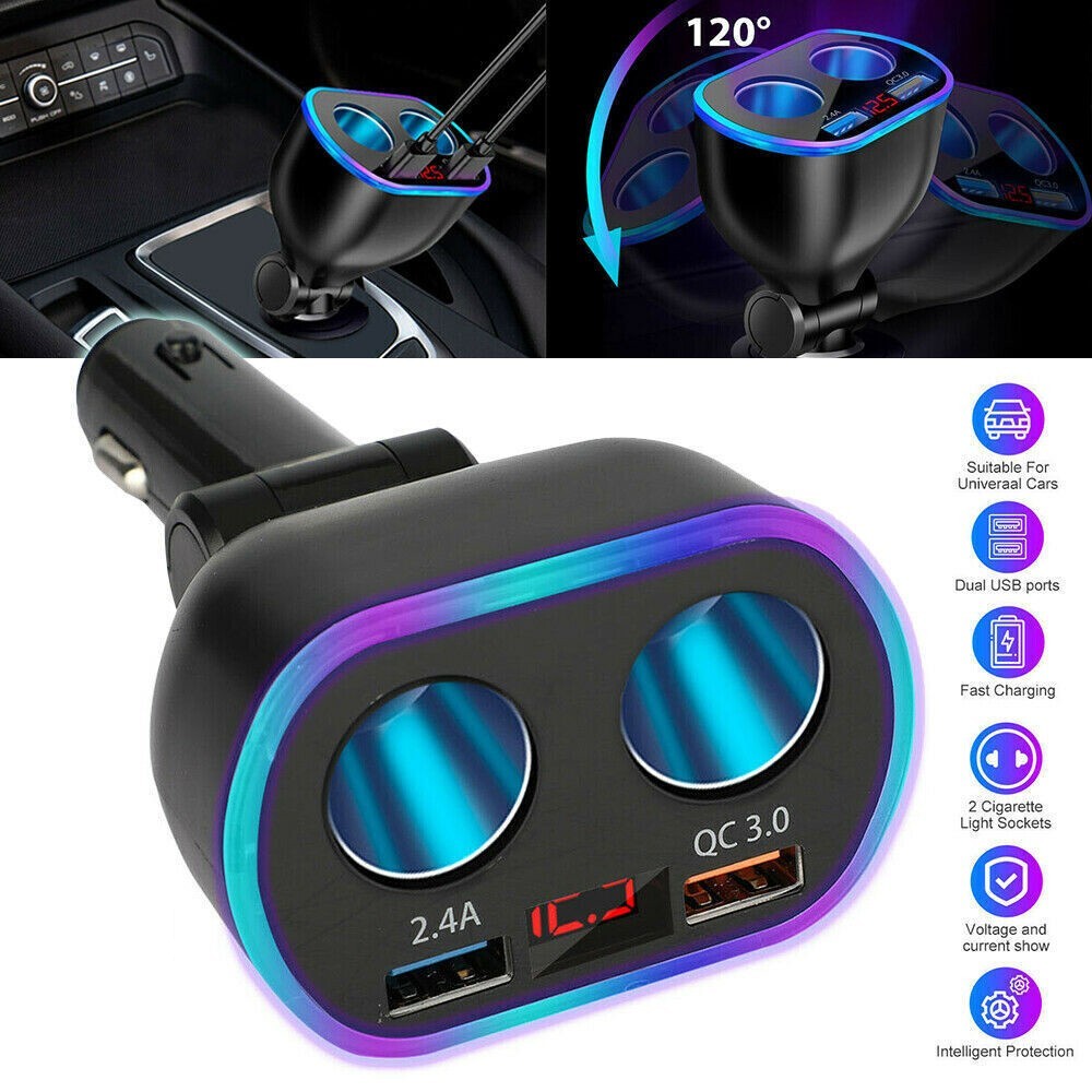 2X 2 Way Car Cigarette Lighter Socket Splitter Dual USB Charger Adapter DC 12V