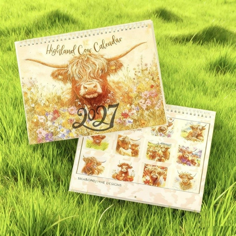 Highland Cow Calendar 2027, Watercolour Cows Monthly Planner Scottish Wall Decor