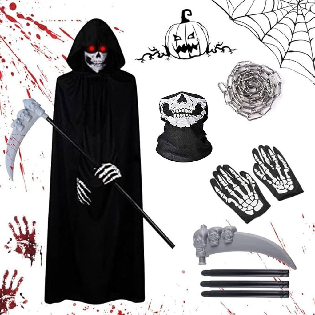 2026 New Adult Grim Reaper Costume Black Hooded Cloak Mask Gloves Scythe Set UK