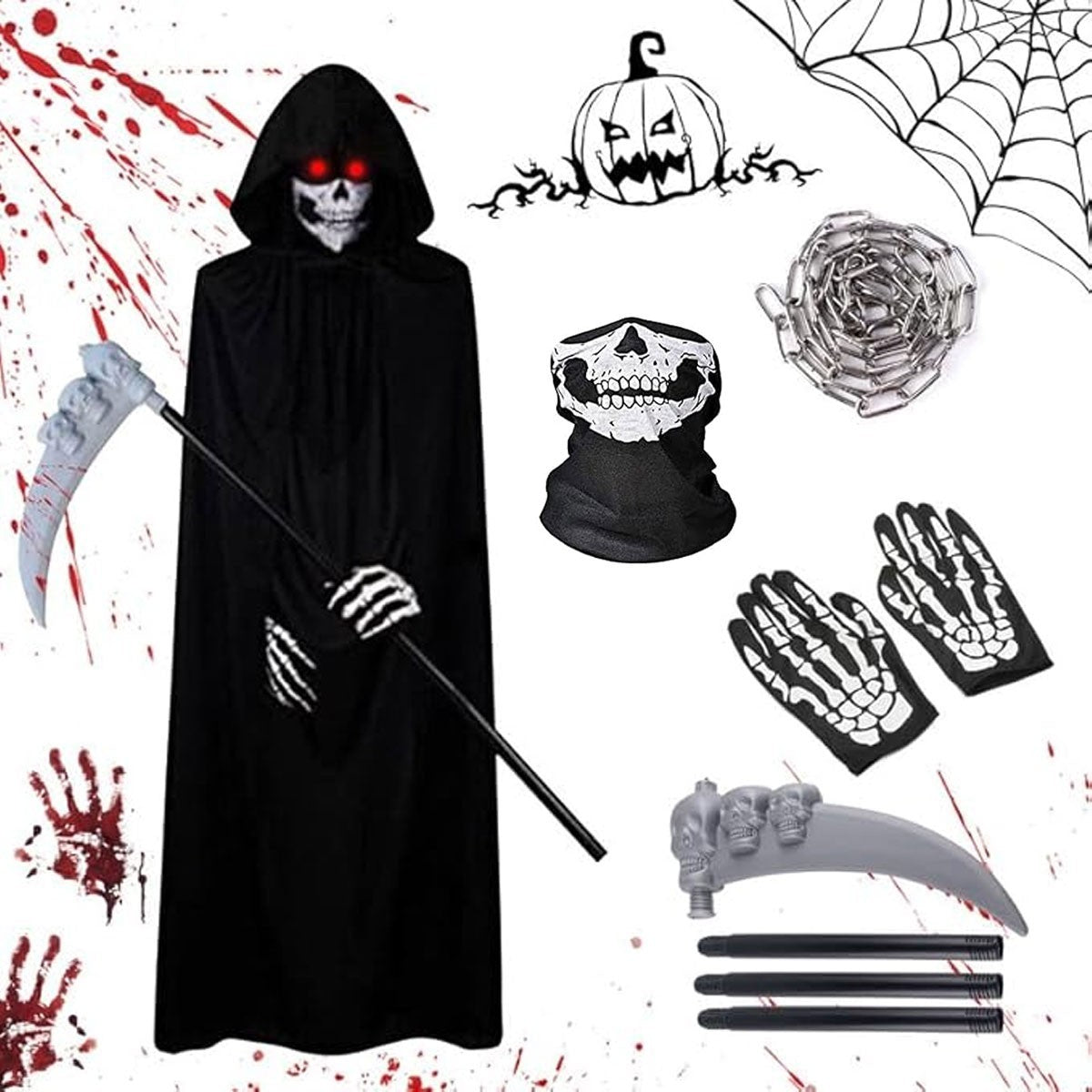 2026 New Adult Grim Reaper Costume Black Hooded Cloak Mask Gloves Scythe Set UK