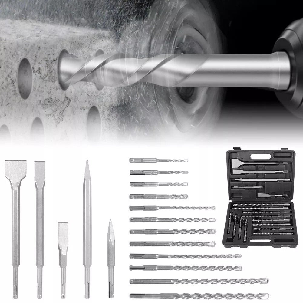 SDS Plus Rotary Hammer Drill & Chisel Bit Set Masonry Concrete Tile Brick 17PCS