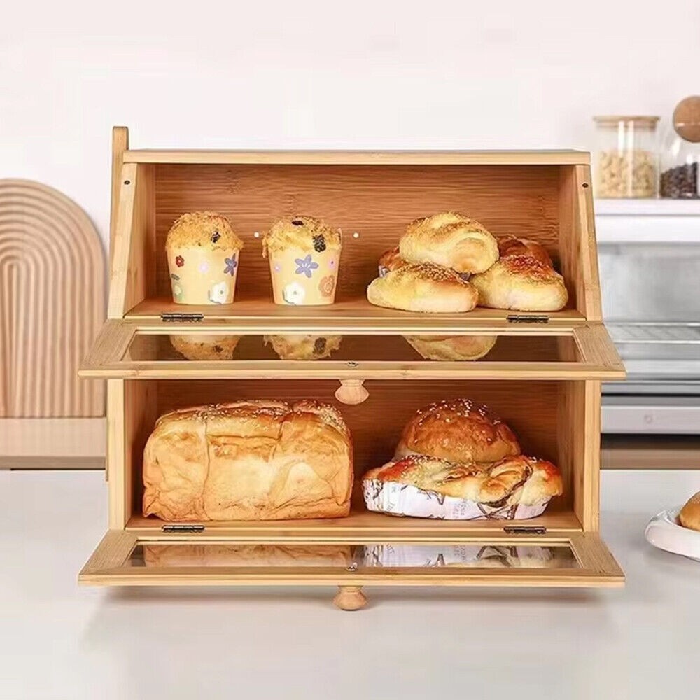 2 Tier Bamboo Bread Bin Double Layer Kitchen Storage Container Loaf Bread Box UK