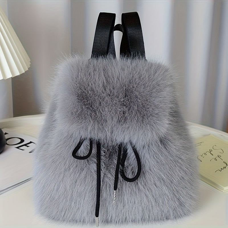 Faux Fur Backpack for Women Casual Drawstring Flap Closure Adjustable Strap Bag