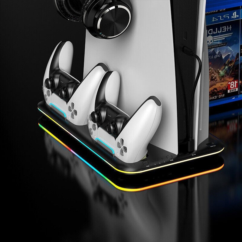 Dual Controller Charging Dock + Cooling Fan Stand RGB Light For PS5 Accessories