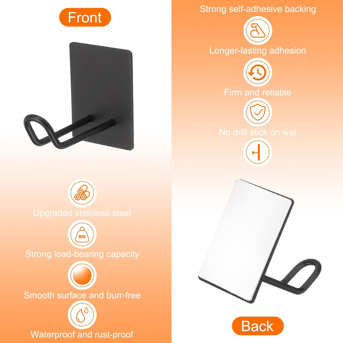2pcs Self Adhesive Hooks Large Stainless Steel Towel Sticky Wall Hooks, Black