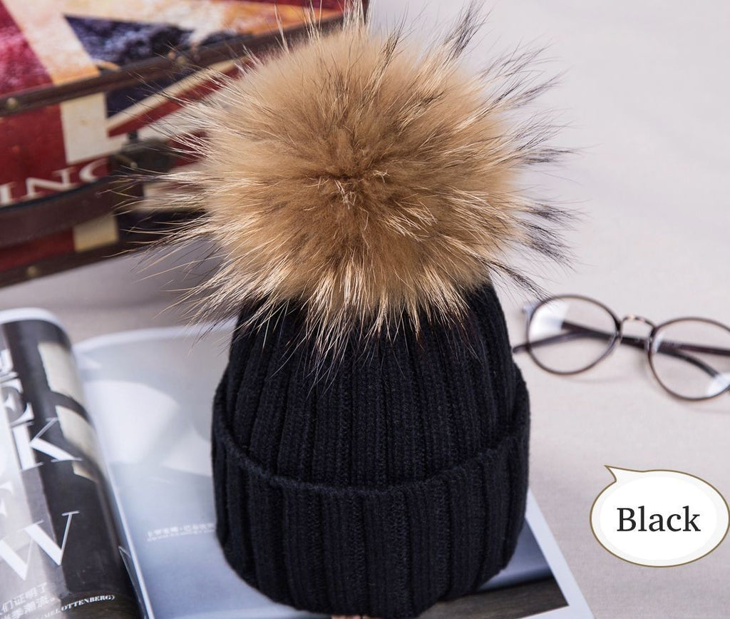 Womens Warm Winter Hat Genuine Fur Pom Pom 15cm Ball Knit Beanie Ski Caps