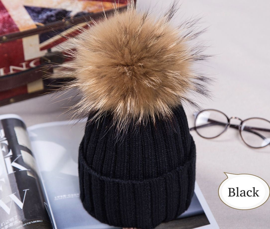 Womens Warm Winter Hat Genuine Fur Pom Pom 15cm Ball Knit Beanie Ski Caps