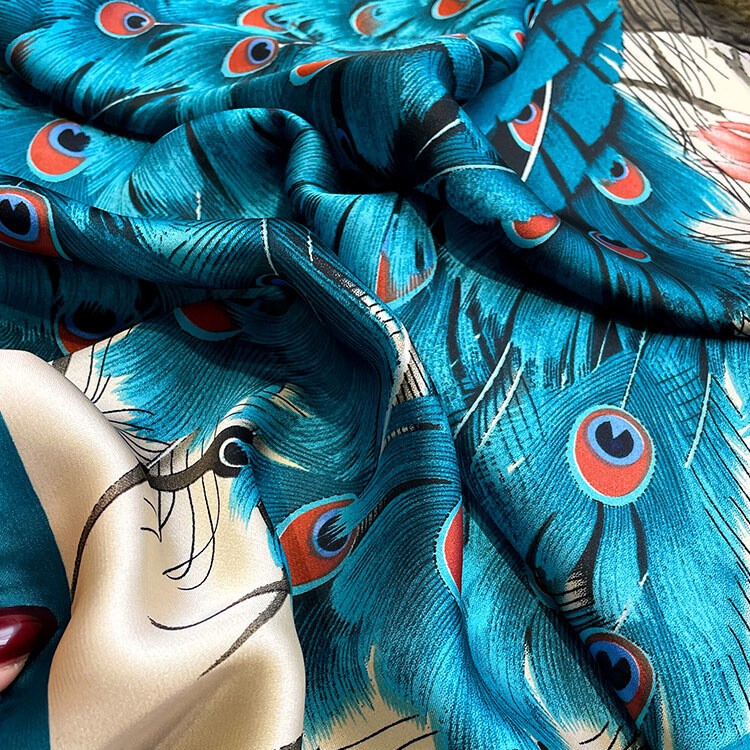 Women Beach Travel Shawl Fashion Blue Peacock Feather Scarves Silk Cover Scarf