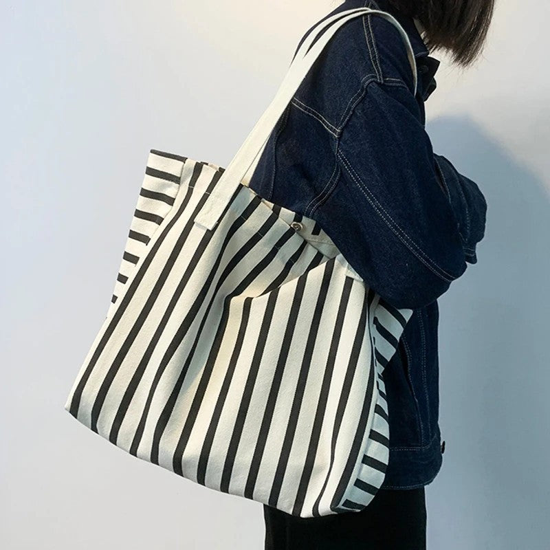 Striped Canvas Beach Tote Women Summer Large Capacity Shopping Shoulder Bag