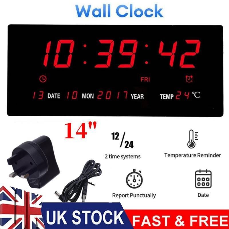 Large Jumbo Digital LED Wall Clock Desk Alarm Calendar Temperature Humidity Date