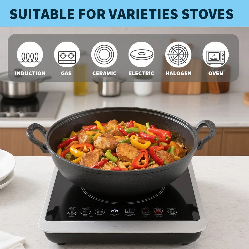 Cast Iron Shallow Casserole Dish Pan Cooking Pot Stew Stockpot Kitchen Cookware.