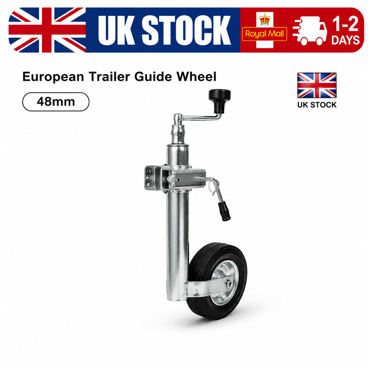 Heavy Duty Jockey Wheel & Clamp 48MM (Ribbed Metal Wind Handle Caravan Trailer)