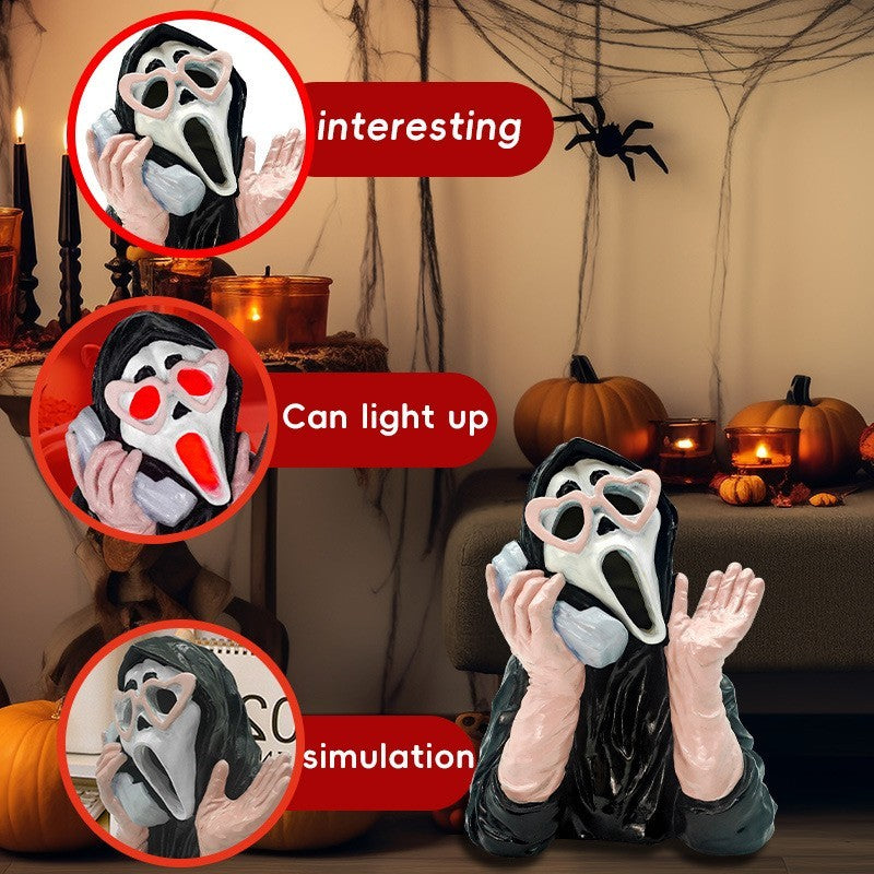 2026 Ghoulish Resin Light Up Halloween Pink/Black Scream Ghost Face Statue Decor