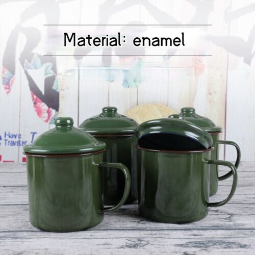 Armygreen Enamel Mug Vintage Travel Camping Tea Cup with Lid Drinkware