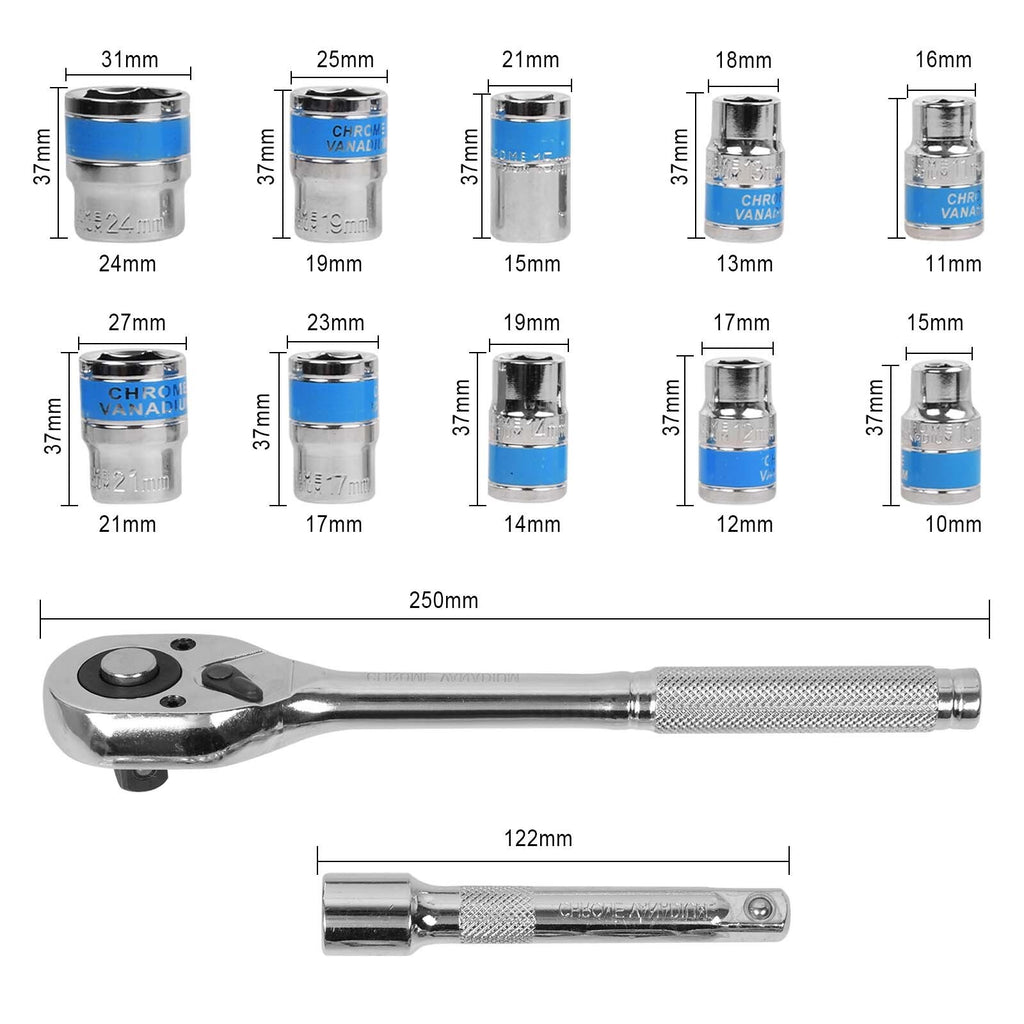 12Pc 1/2'' Socket Set 10-24mm Metric Drive Extension Ratchet Wrench Steel Case
