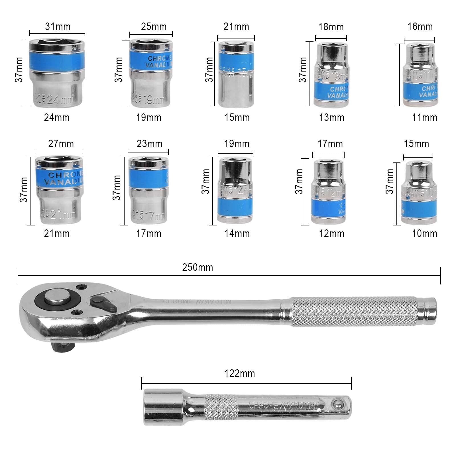 12Pc 1/2'' Socket Set 10-24mm Metric Drive Extension Ratchet Wrench Steel Case