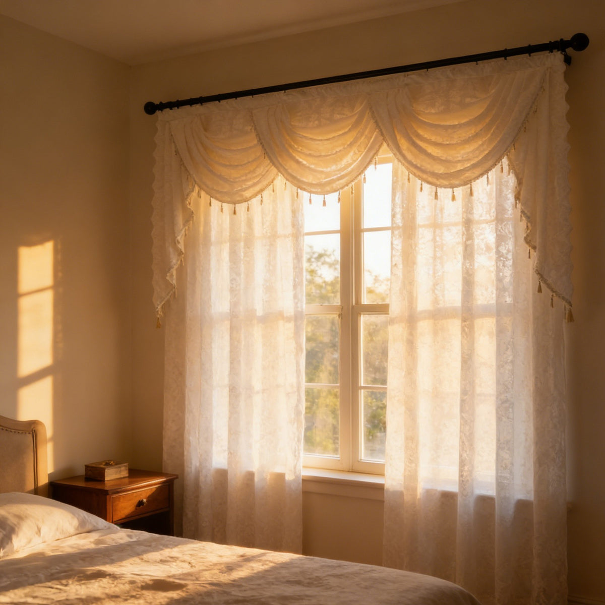 Swag for Windows Waterfall Valance Curtains Beaded Sheer Voile Drapes for Home