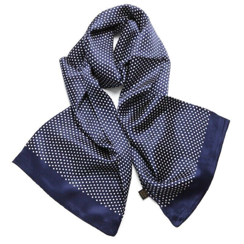 Mens 100 Silk Scarf Vintage Polka Dot Double Layer Long Neckerchief Black & Blue